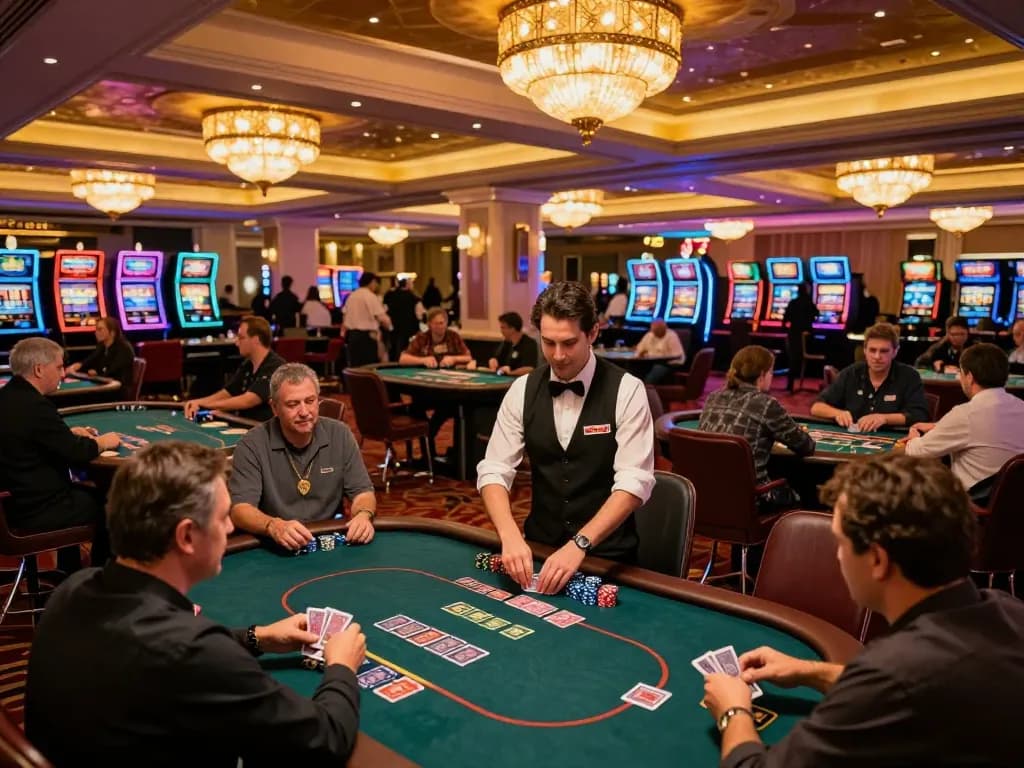 Players engaging at poker tables in a vibrant casino atmosphere, highlighting VA88 gambling strategies.