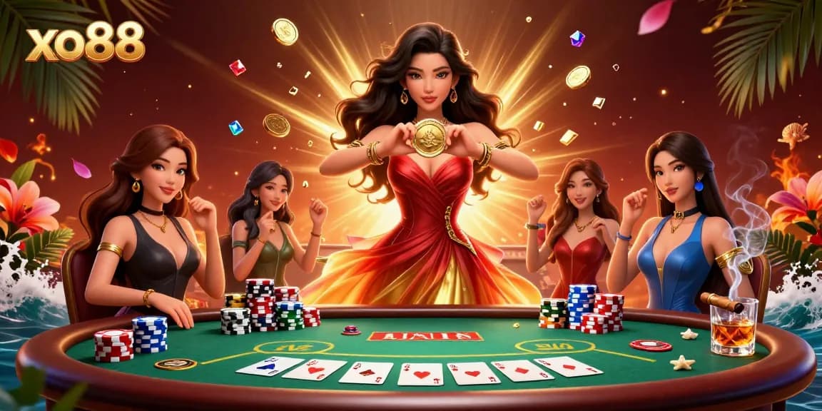 Experience high-stakes gambling with xo88 as a stunning Asian woman holds a glowing coin amidst a rich poker scene.