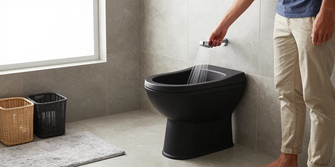 Moderne doucheset zwart geïnstalleerd in een stijlvolle badkamer omgeving met elegante armaturen