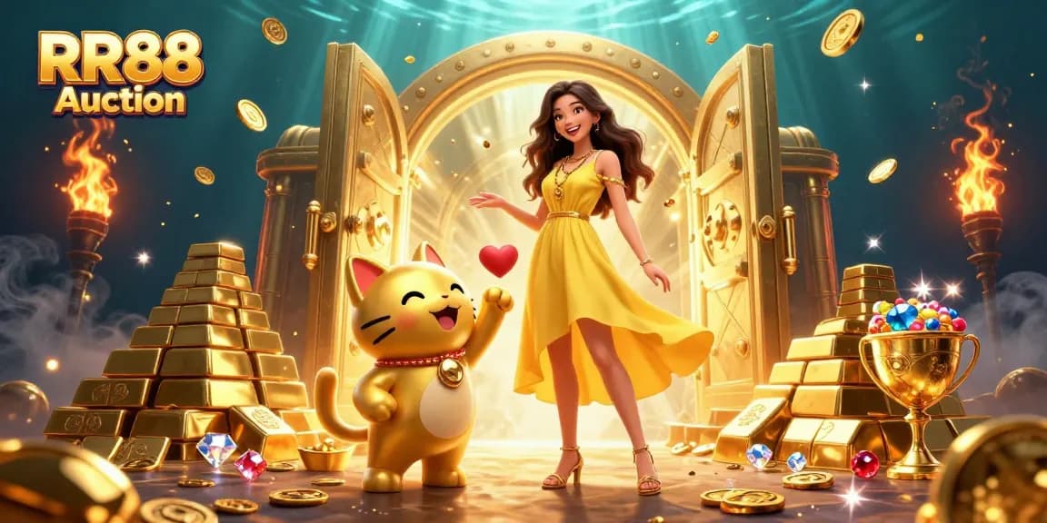 Engage with RR88 Auction's exciting casino elements featuring treasures and fun characters.