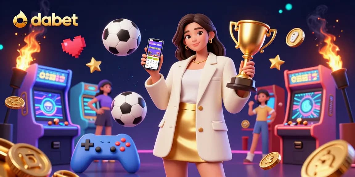 Engage with dabet's exciting sports betting app, showcased by a charming Asian woman amid vibrant casino elements.
