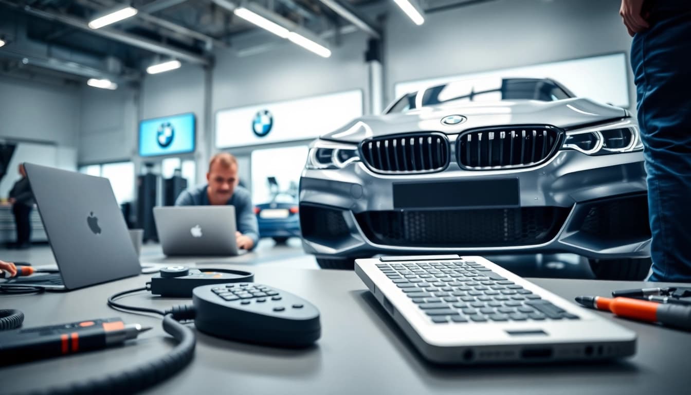 BMW Codierer optimally tuning a BMW in a modern workshop setting.