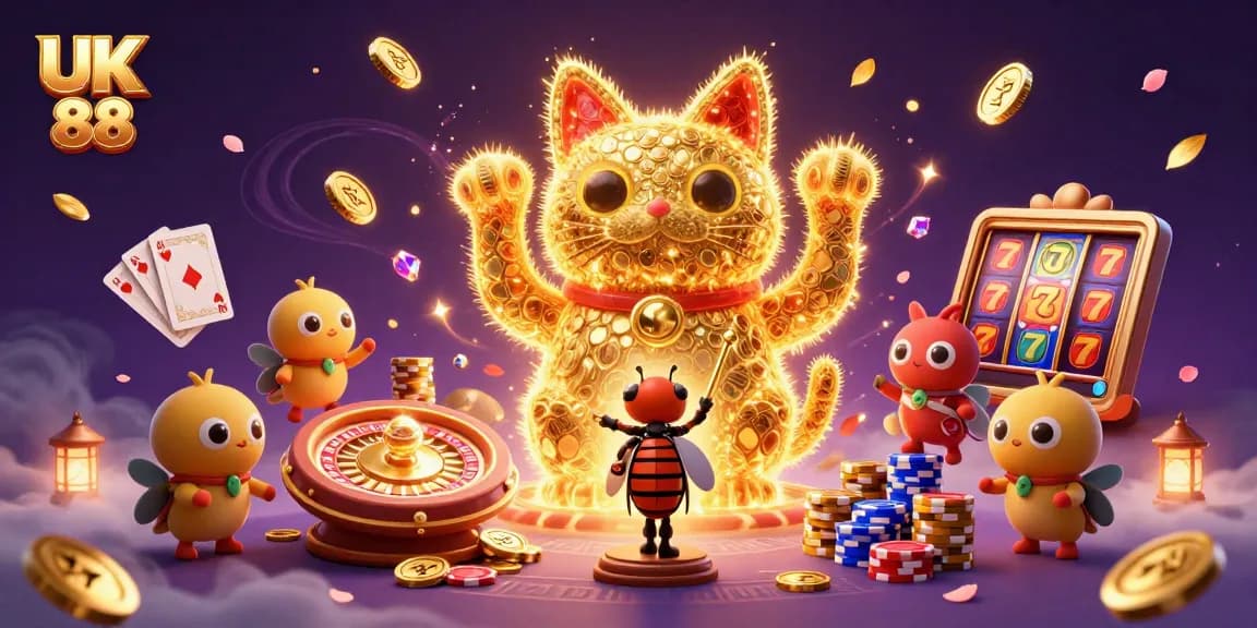 Experience thrilling wins with UK 88's vibrant lucky cat made of golden fireflies and exciting casino elements.