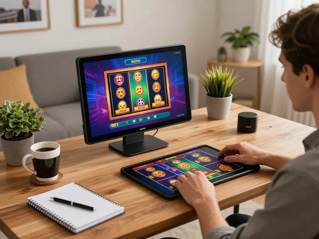 Nohu online slots gaming setup at home with tablet displaying vibrant game interface