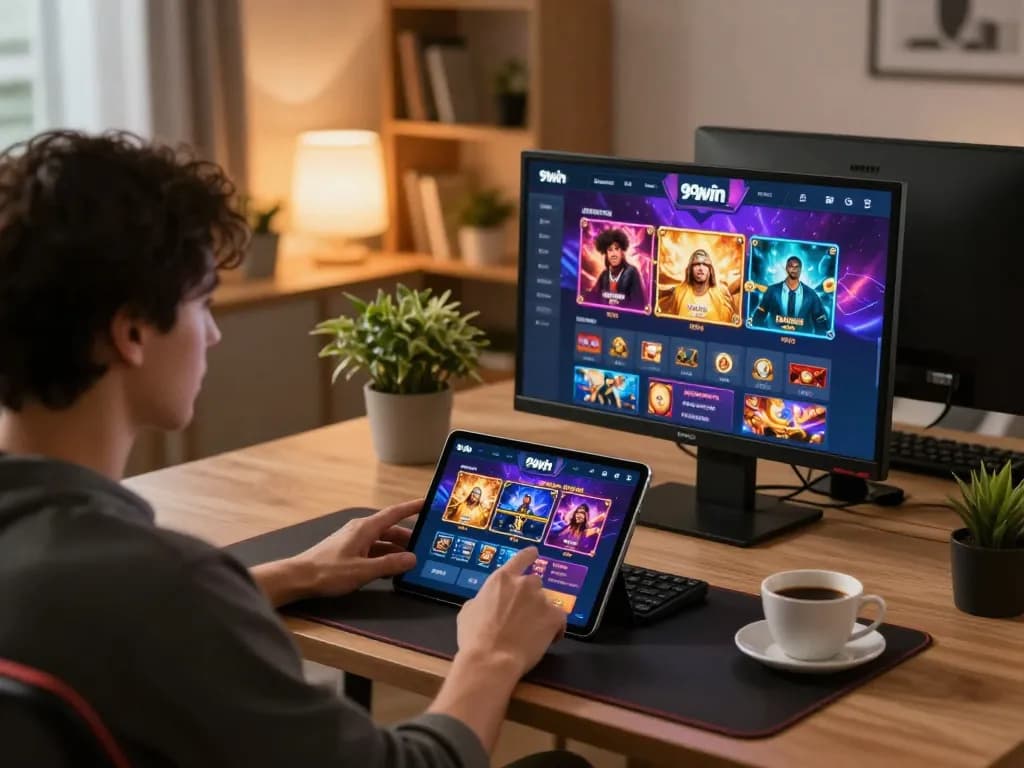 Engaged player accessing 99win casino app on tablet, warm home setting.