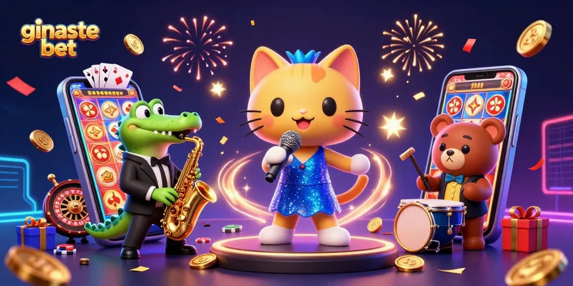 Gamble with style at ginaste bet: A jazzy casino scene with colorful slot action and festive characters.