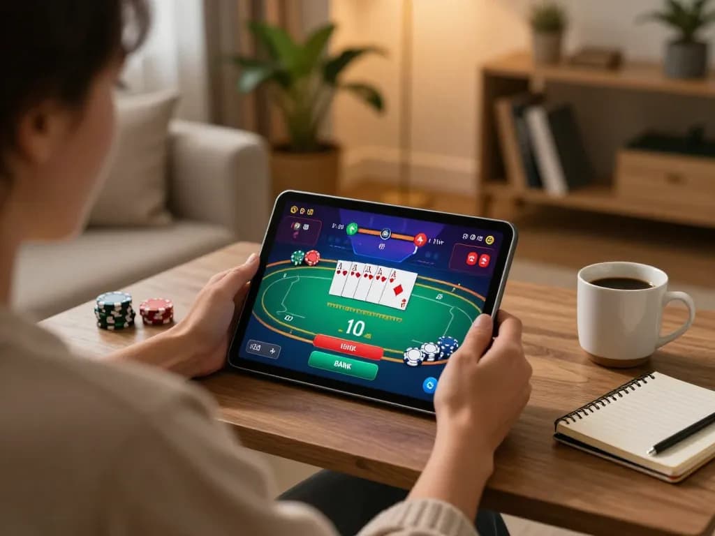 Player enjoying RR88 online casino poker on tablet, highlighting a cozy home gaming setup.