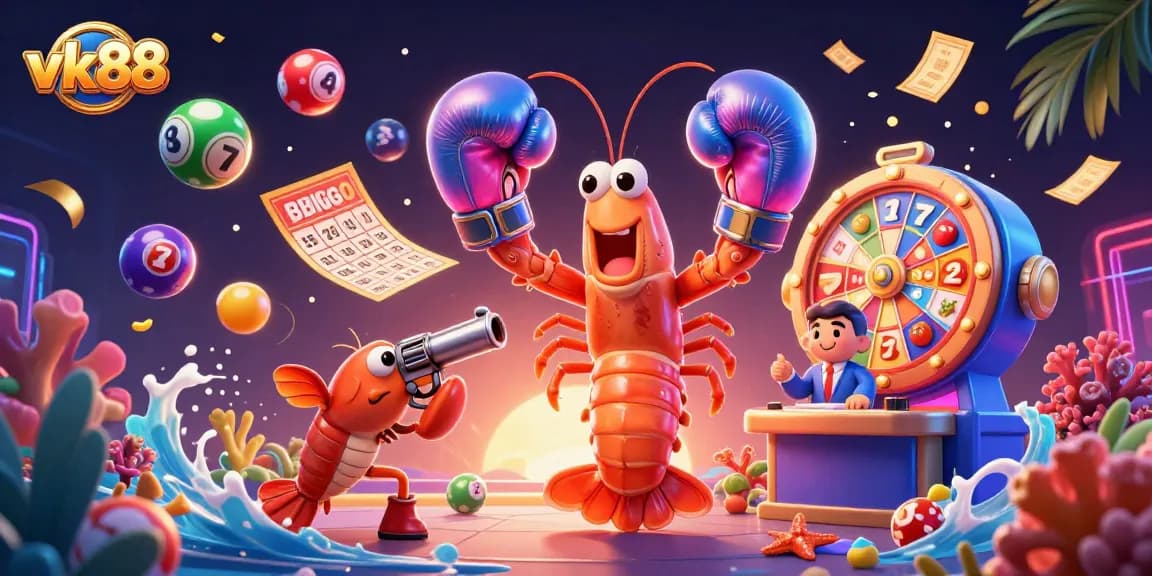 Experience the excitement of vk88 with vibrant lottery and slot elements in a dynamic 3D casino scene.