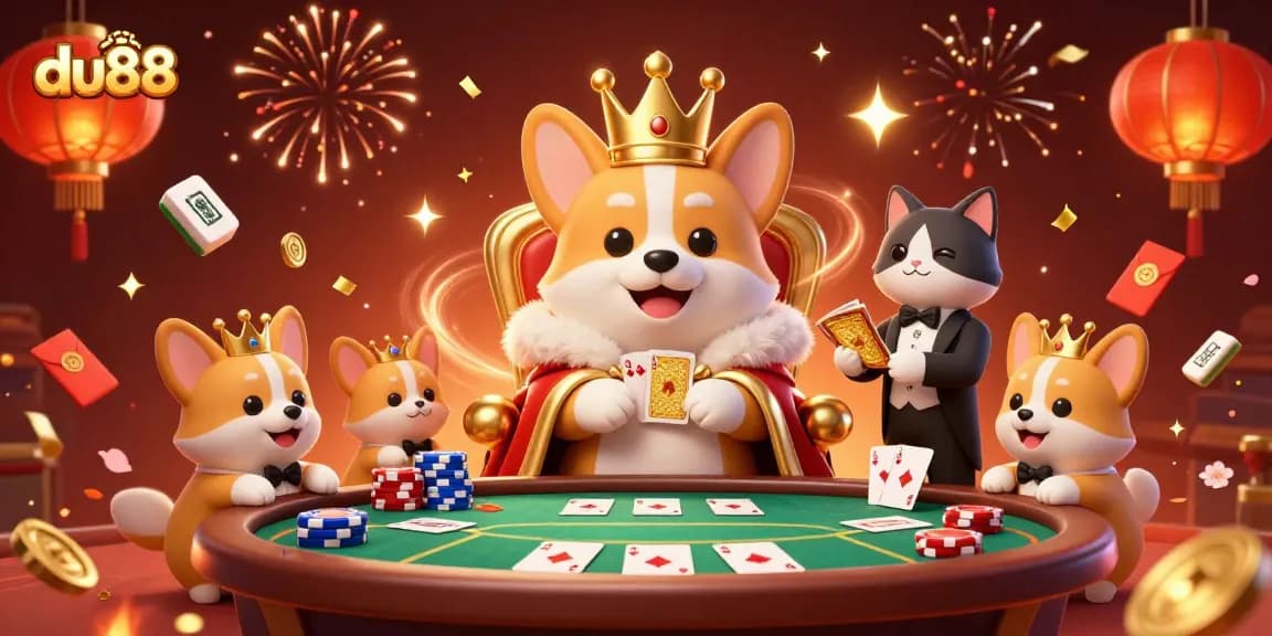 Experience the excitement of du88 with a royal corgi and lively poker scene.