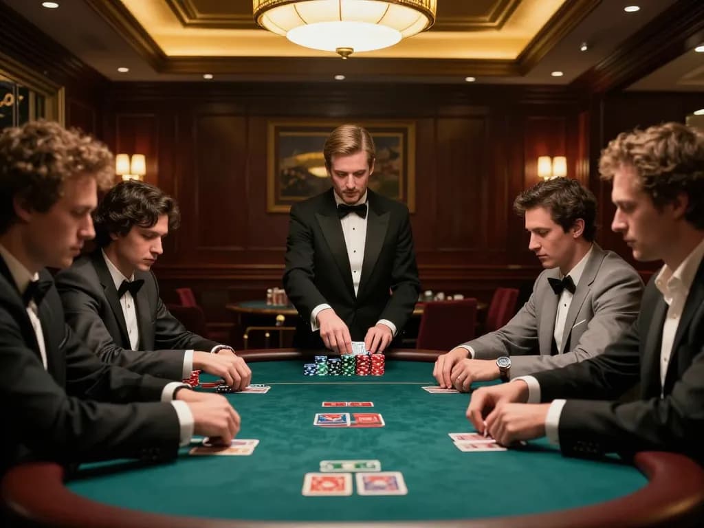 TR88 high-stakes poker game showcasing players' strategic moves and intense focus in a luxurious casino atmosphere