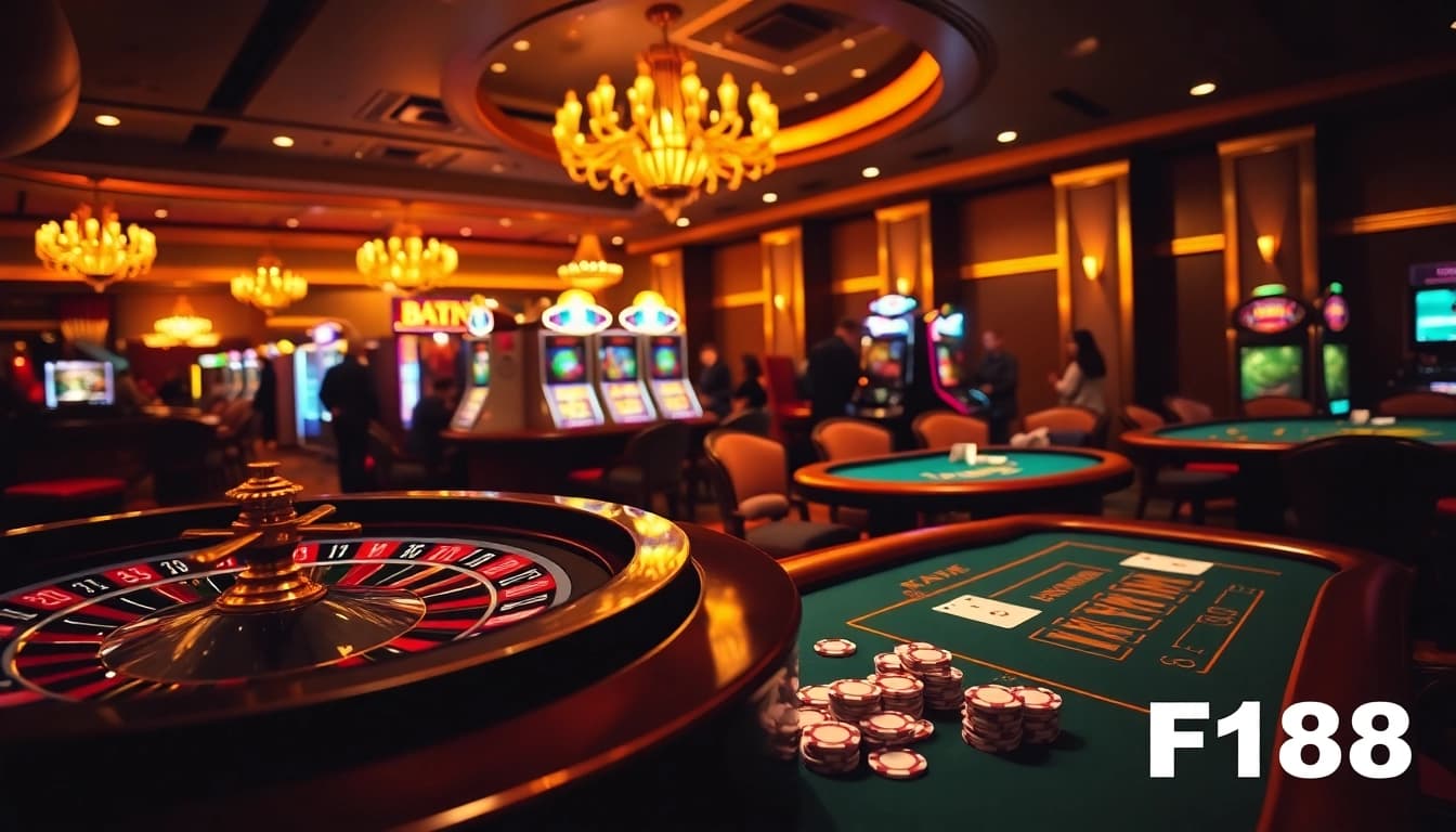Experience the excitement of F168 with vibrant casino games, poker tables, and roulette wheels.