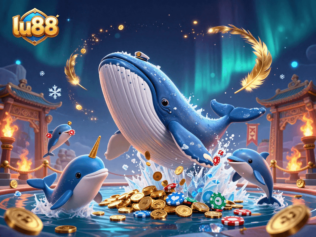 Experience the thrilling action of lu88 as a whale, narwhal, and playful dolphins engage in a vibrant casino scene.