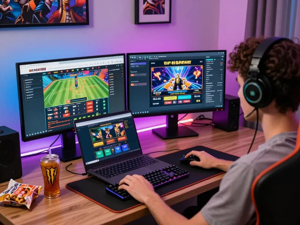 MAY88 chính thức gaming setup showcasing live betting and casino games in a vibrant home environment.
