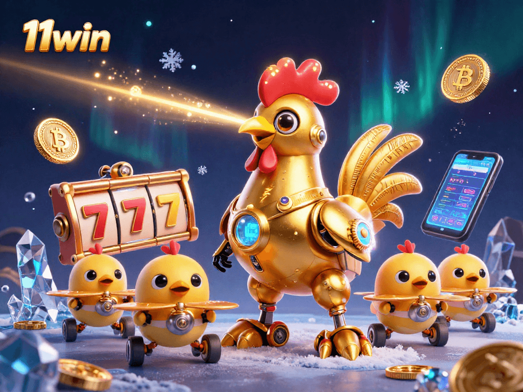 Win big with 11win in an ultra-detailed, futuristic casino scene filled with exciting game elements.