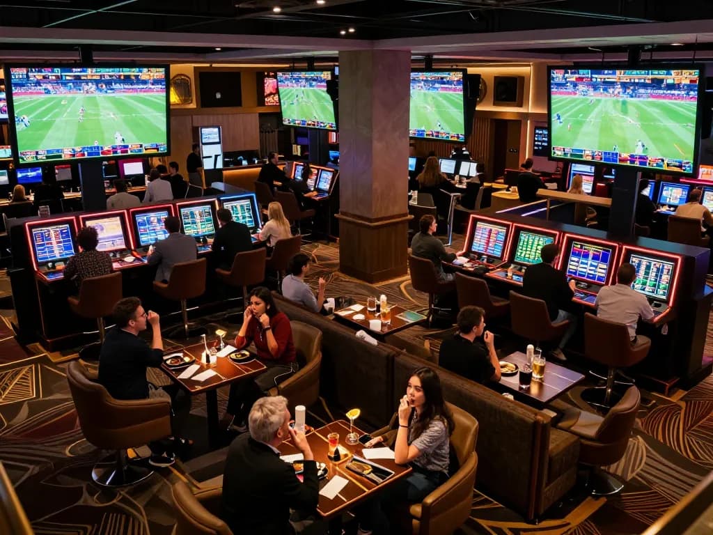 uu88 offers an engaging sports betting experience with excited fans analyzing odds in a lively casino.
