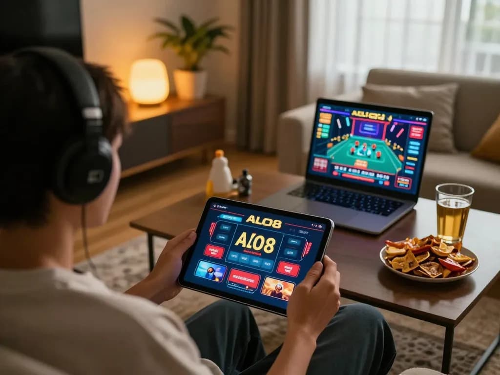 Player engaged with the ALO8net casino app enjoying a cozy home gaming experience