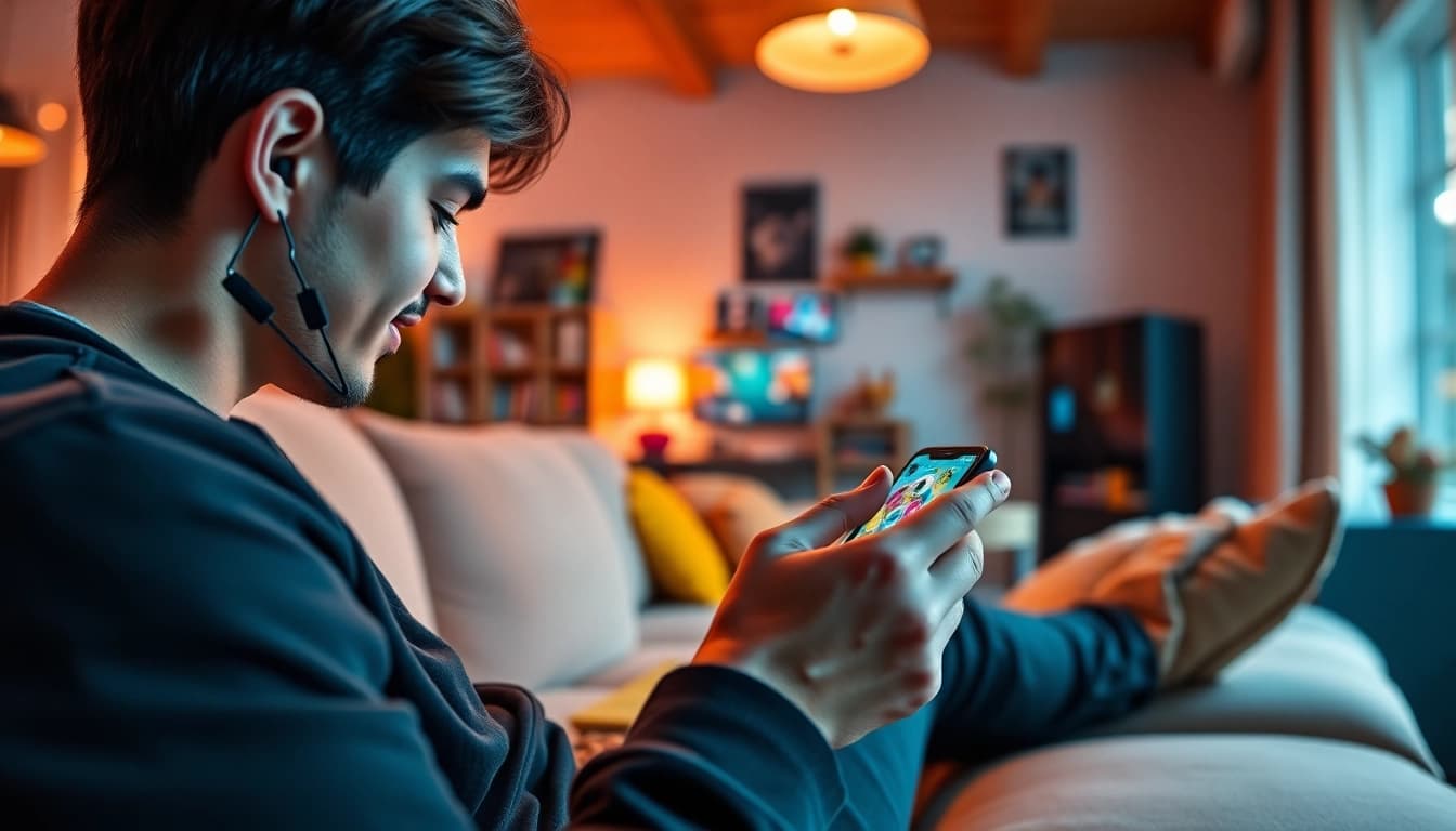 Tải app twin68 for an immersive mobile gaming experience in a cozy setting.