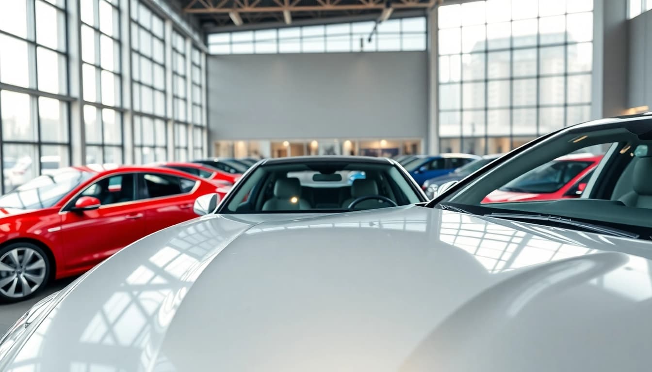 Auto kaufen in einem modernen Autohaus mit einer Vielzahl glänzender Fahrzeuge.