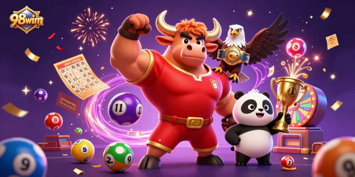 Win big with 98wim as animated characters celebrate a jackpot with vibrant casino elements.