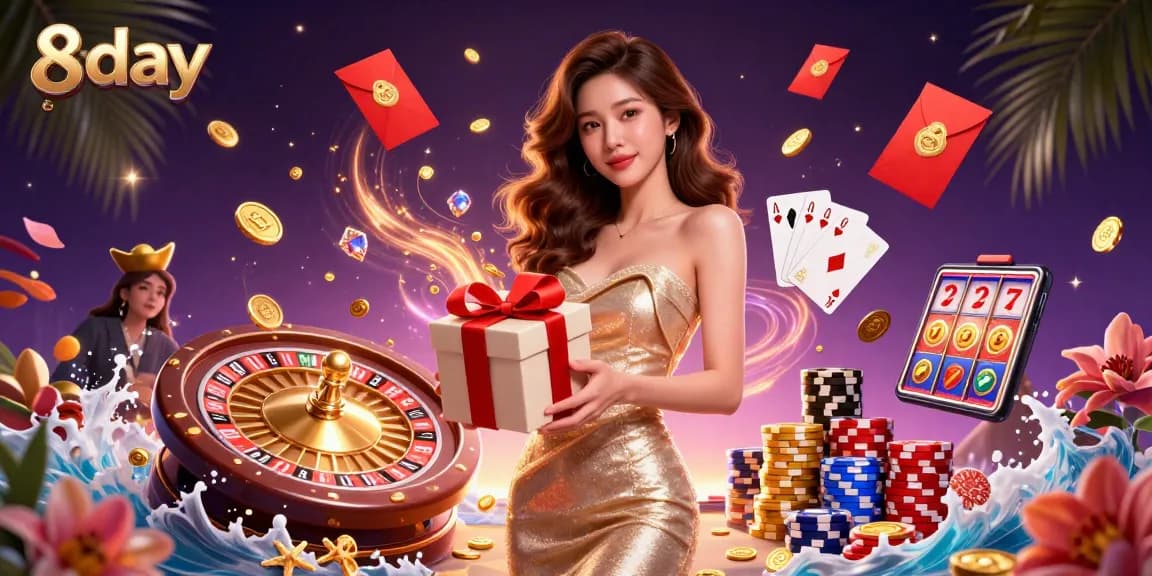 Win big at 8day with golden coins spilling from a gift box in a dynamic casino scene.