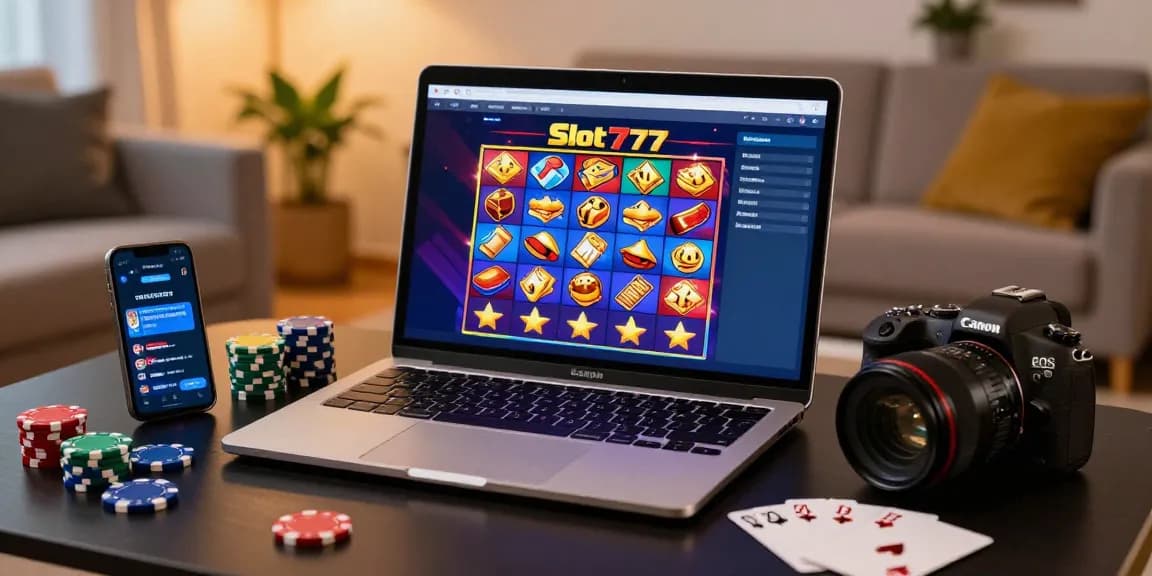 Grafik menarik Slot777 dengan laptop, chip poker, dan kartu di ruang tamu yang nyaman.