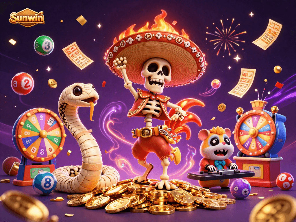 Experience the excitement of gaming at Sunwin with vibrant characters celebrating on a pile of gold.