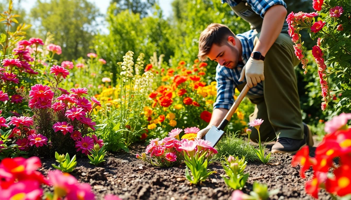 Gartenbau in einem bunten Garten mit einem Landschaftsgärtner, der an Pflanzen arbeitet.