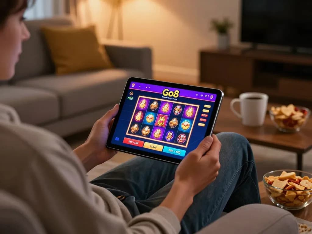Engaging in Go8 online casino gameplay on a tablet in a cozy living room setting.