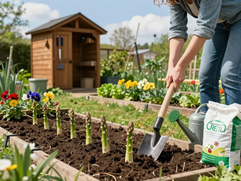 Buying grünspargel pflanzen kaufen with a gardener planting in a spring garden.