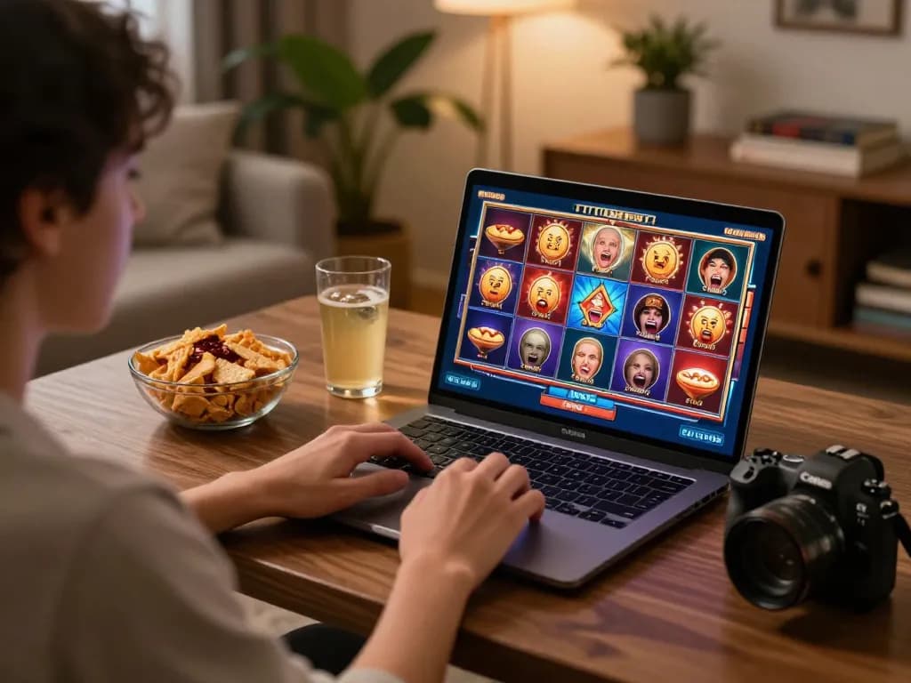 Person playing slots on trang chủ NK88, showcasing a vibrant game screen and cozy home atmosphere.