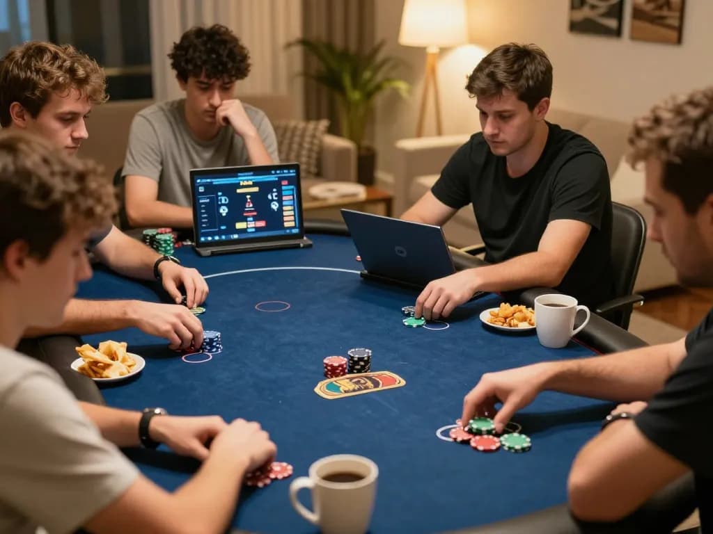 Engaged players strategizing during an iwin online poker game, showcasing serious home gaming action.