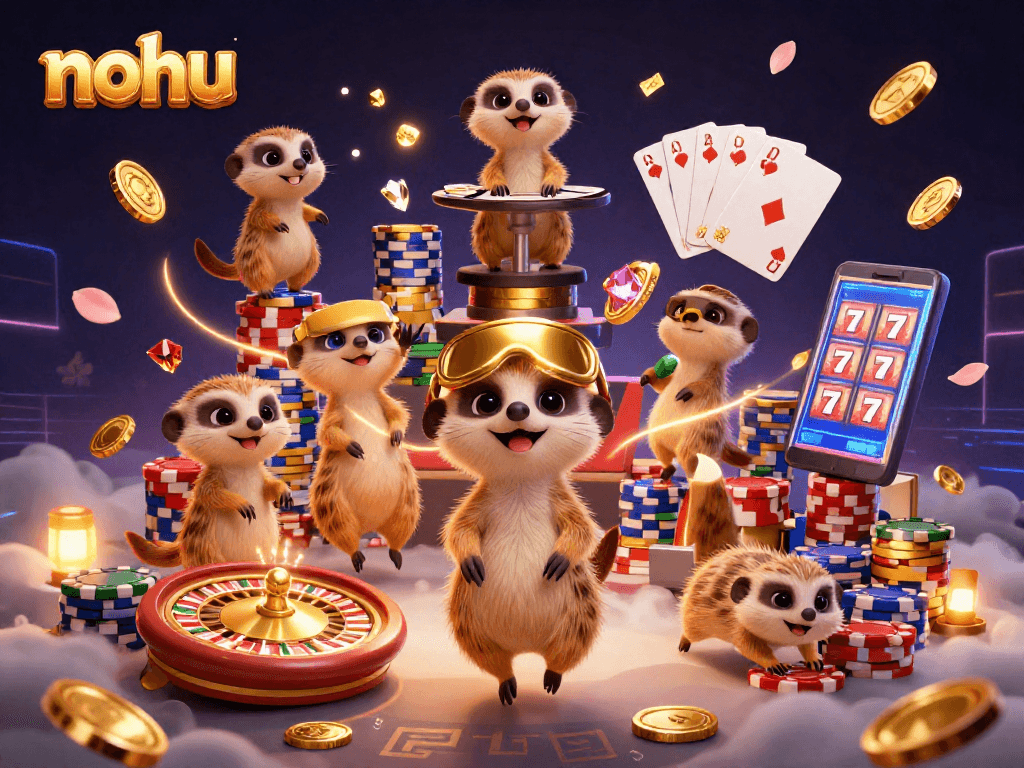 Nohu's meerkats orchestrate a vibrant casino with coins and gems, embodying strategic gambling excitement.