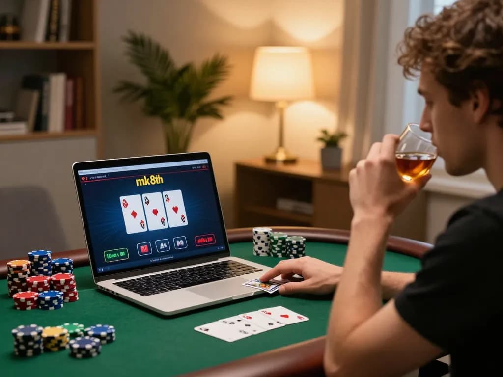 Engaged player enjoying an online poker game on mk8th with strategic focus and warm ambiance.