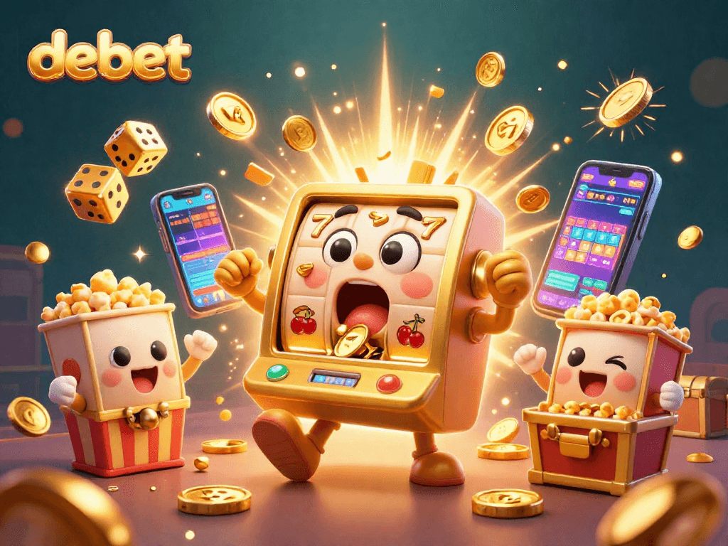 Experience the excitement of debet's jackpots with golden slot machines and colorful casino game elements.