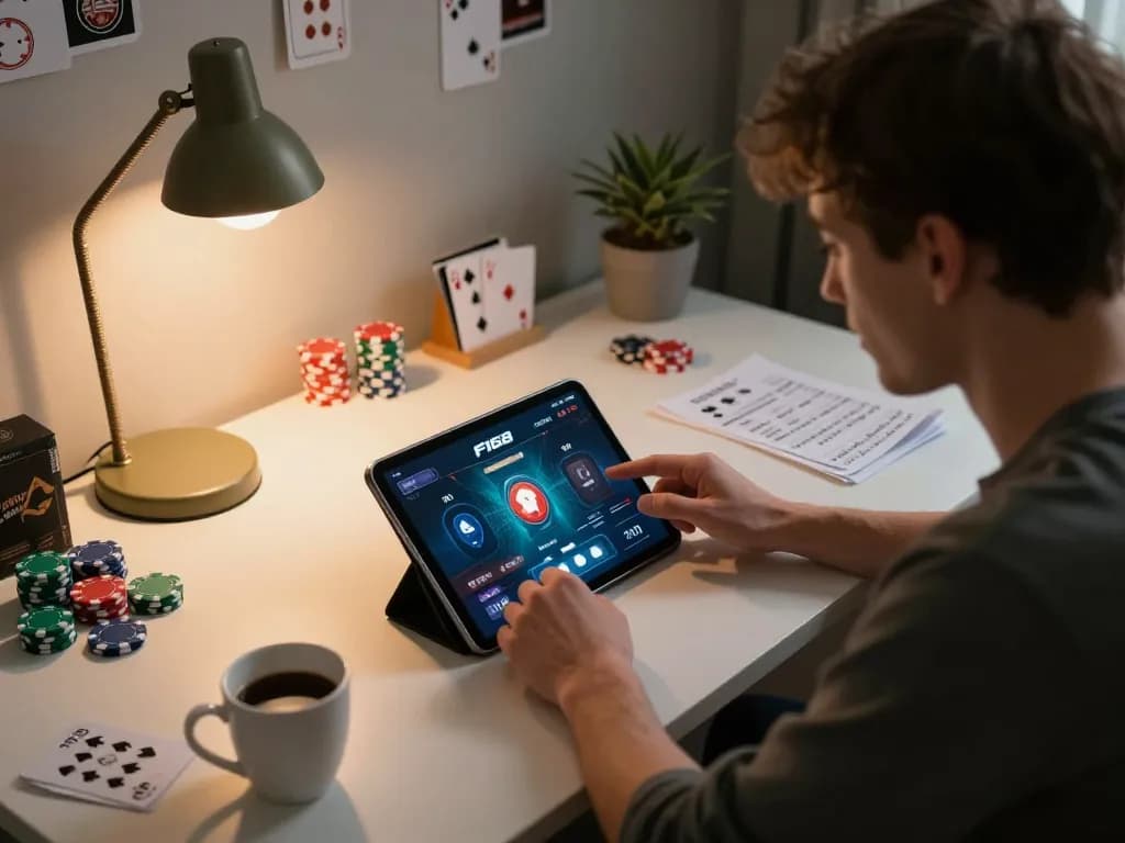 Player engaging with F168 app on tablet, showcasing online gaming strategy and responsible betting actions.