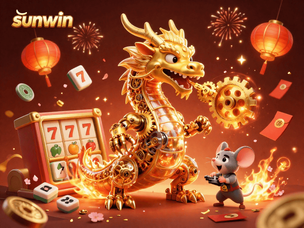 Experience the thrilling world of sunwin with vibrant slot reels and a golden biomechanical dragon.