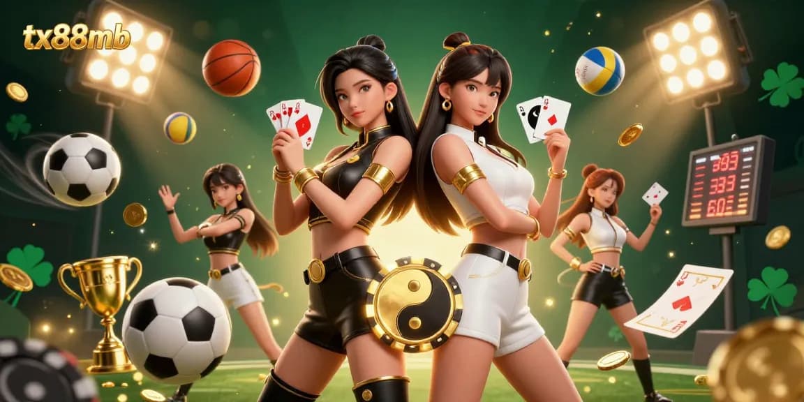 Engage in thrilling bets with tx88mb, featuring twin Asian women in powerful poses holding playing cards.