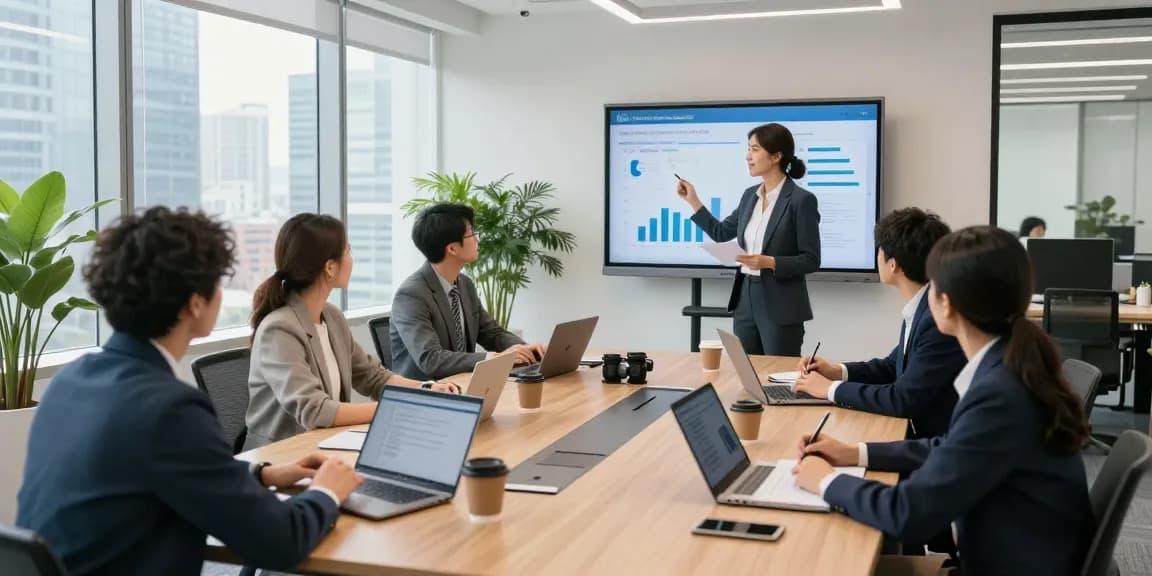Arbeitskultur bewerten in einem modernen Büroraum mit einem vielfältigen Team in einer Besprechung.
