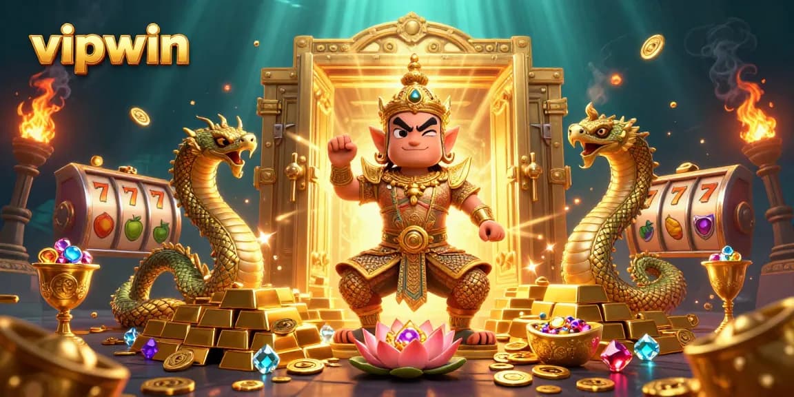 Try your luck and win with vipwin in this vibrant 3D casino illustration filled with treasures.