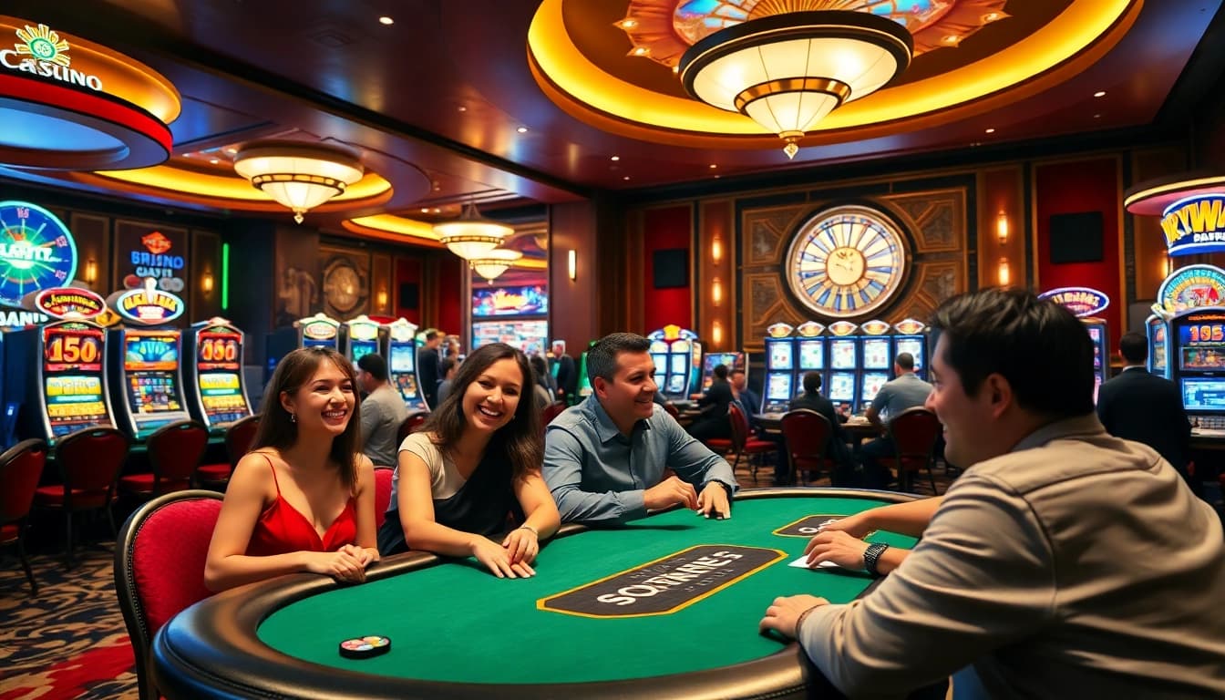 Spieler genießen spannende Spiele im LolaJack Casino mit festlicher Atmosphäre und leuchtenden Farben.