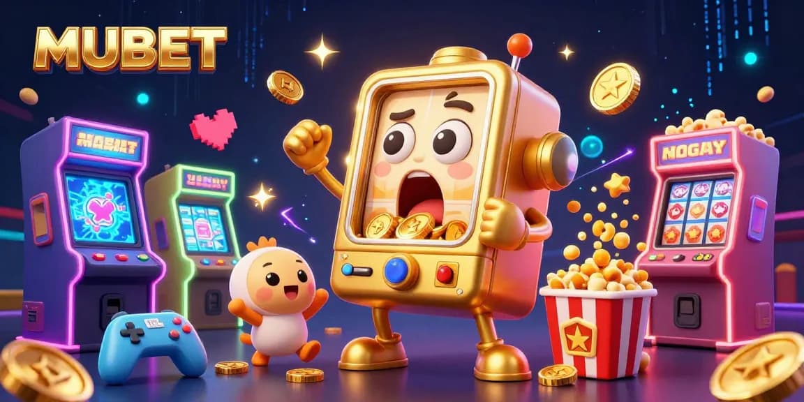 MUBET's lively jackpot scene with a golden slot machine, cheering baby slots, and a fun popcorn machine.