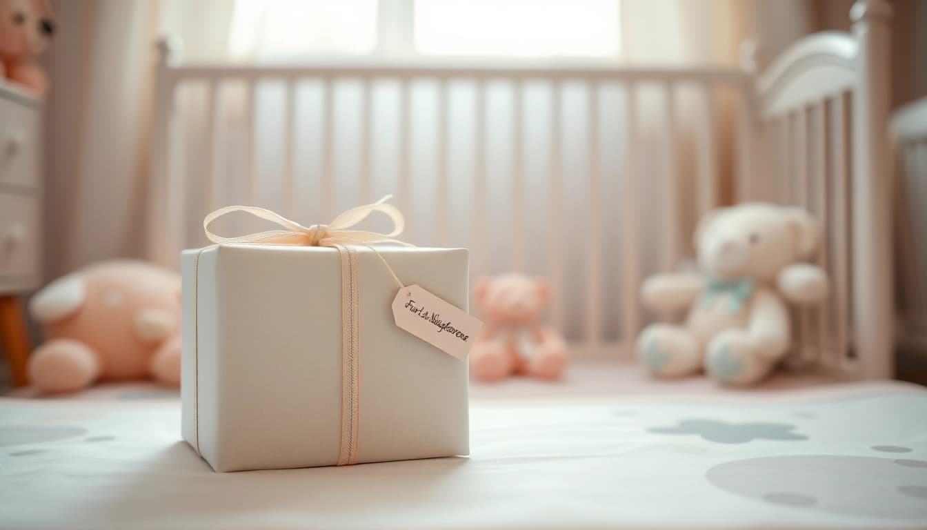 Geschenk zur Geburt liebevoll verpackt mit pastellfarbenen Details in einem gemütlichen Kinderzimmer.