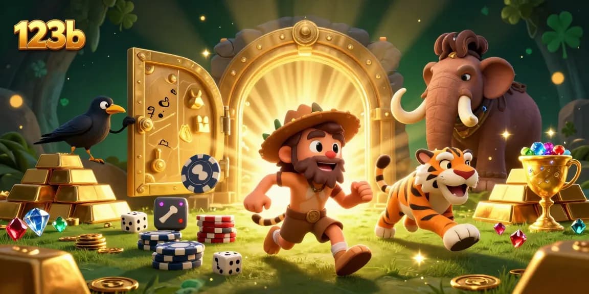 Experience thrilling gaming with 123b in a vibrant prehistoric casino scene featuring lively characters and sparkling treasures.