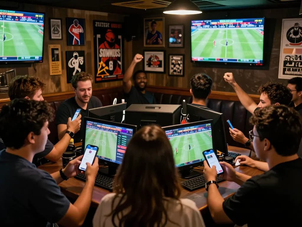 Fans engaged in live sports betting at MK8 with smartphones and big screens, celebrating wins.