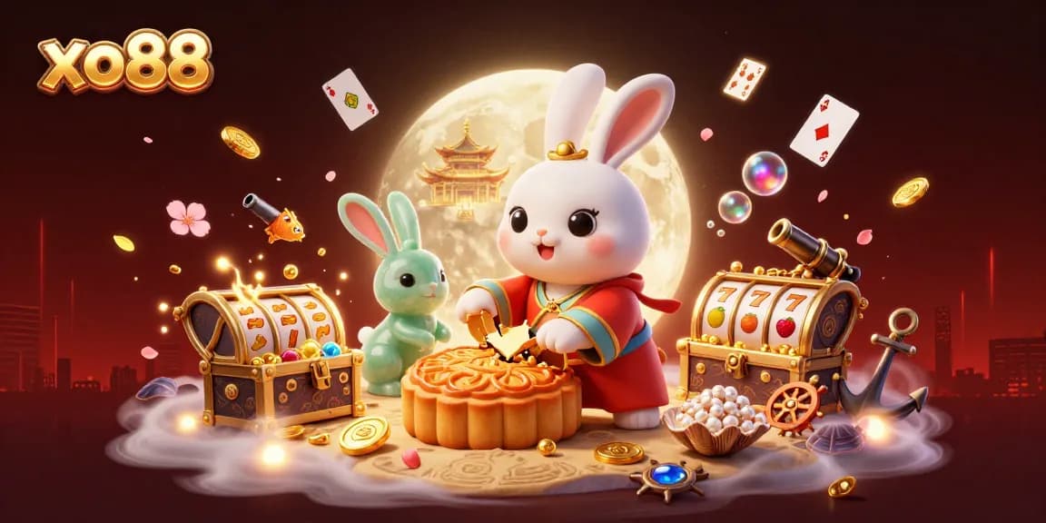 Experience the excitement of xo88 with a vibrant 3D casino scene featuring a moon rabbit and poker chips.