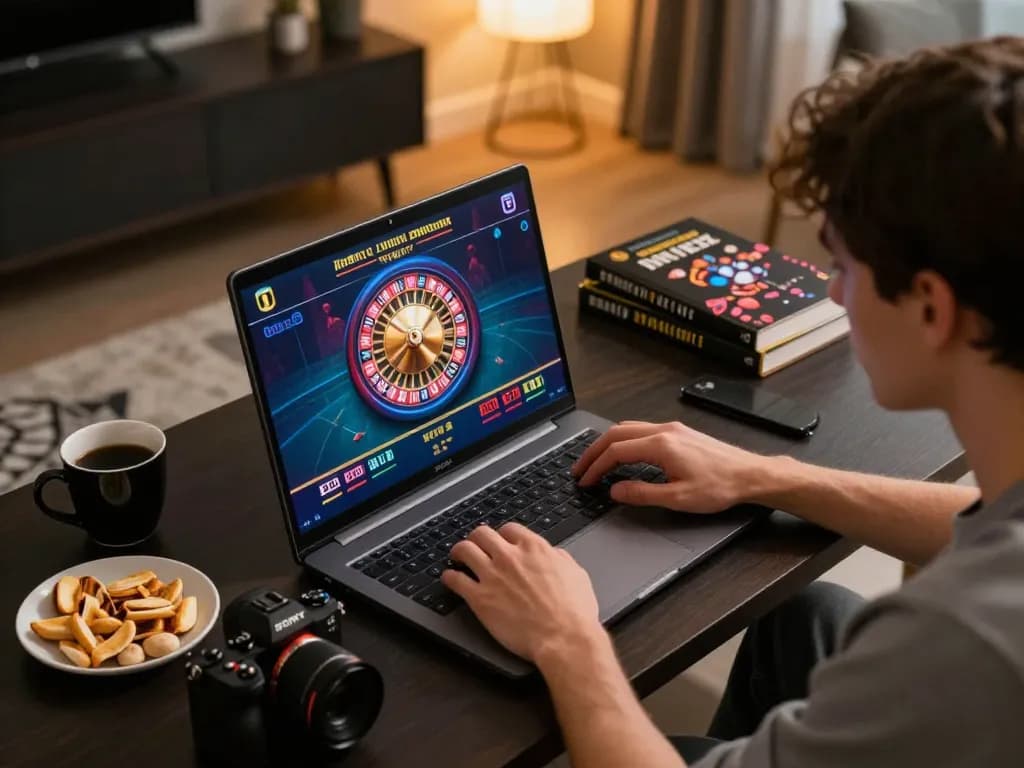 Player using laptop for live GO8 casino game, showcasing strategic gameplay in a relaxed atmosphere