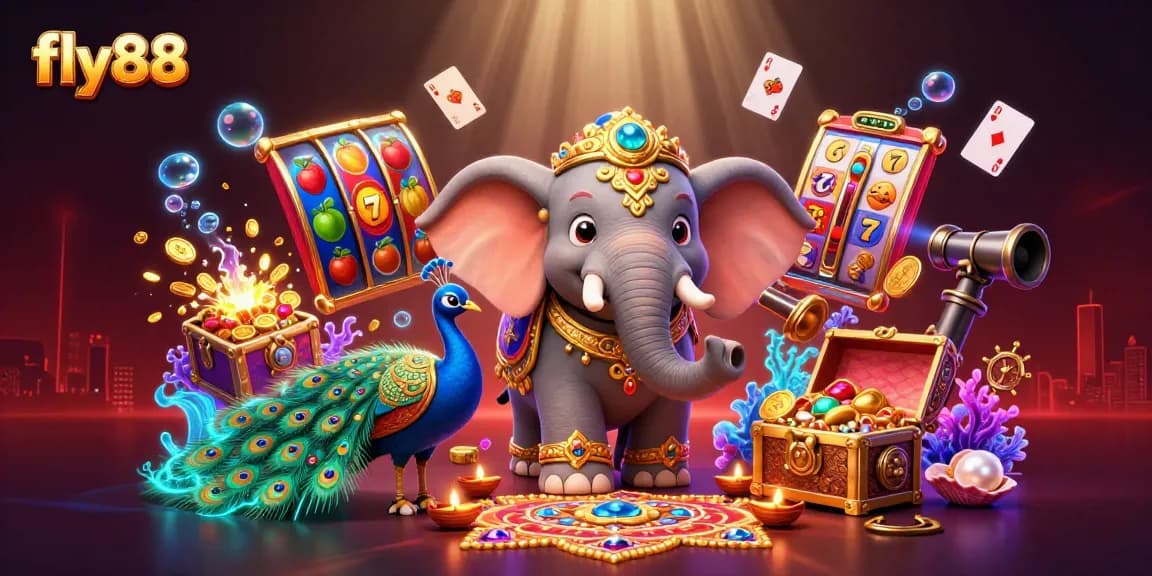 Experience the excitement of fly88 in a colorful casino scene with vibrant slot machines and treasures.
