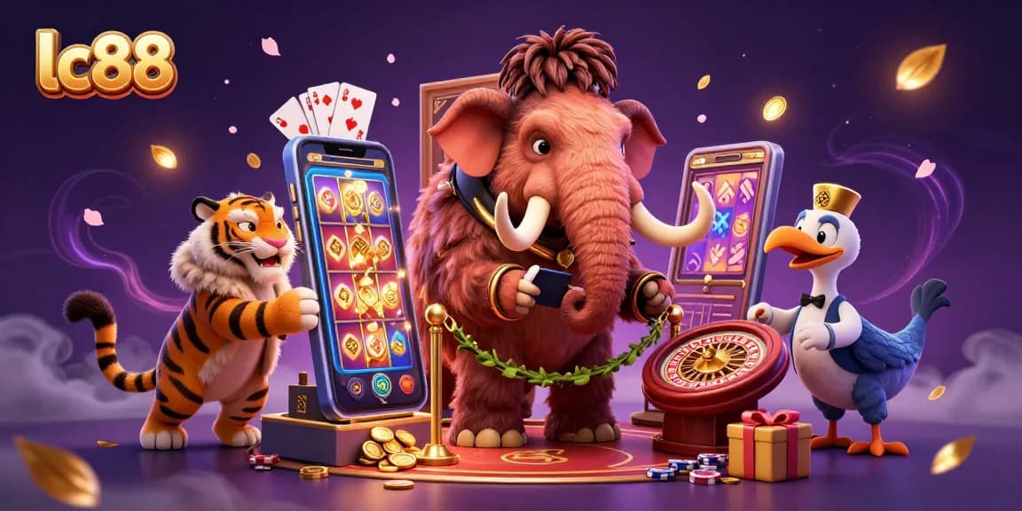 Experience the excitement of lc88 with a vibrant illustration of a woolly mammoth bouncer, saber-tooth VIP, and dodo doorman beside a lively casino scene.
