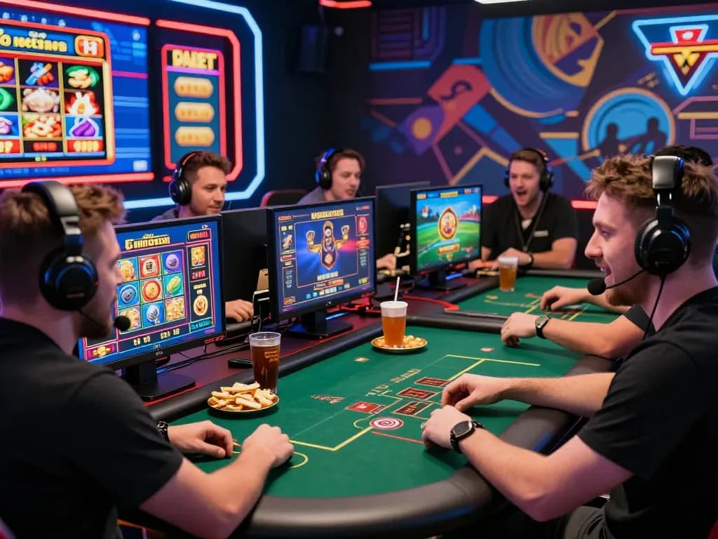 Engaged players enjoying FABET online casino games in a vibrant gaming setup.