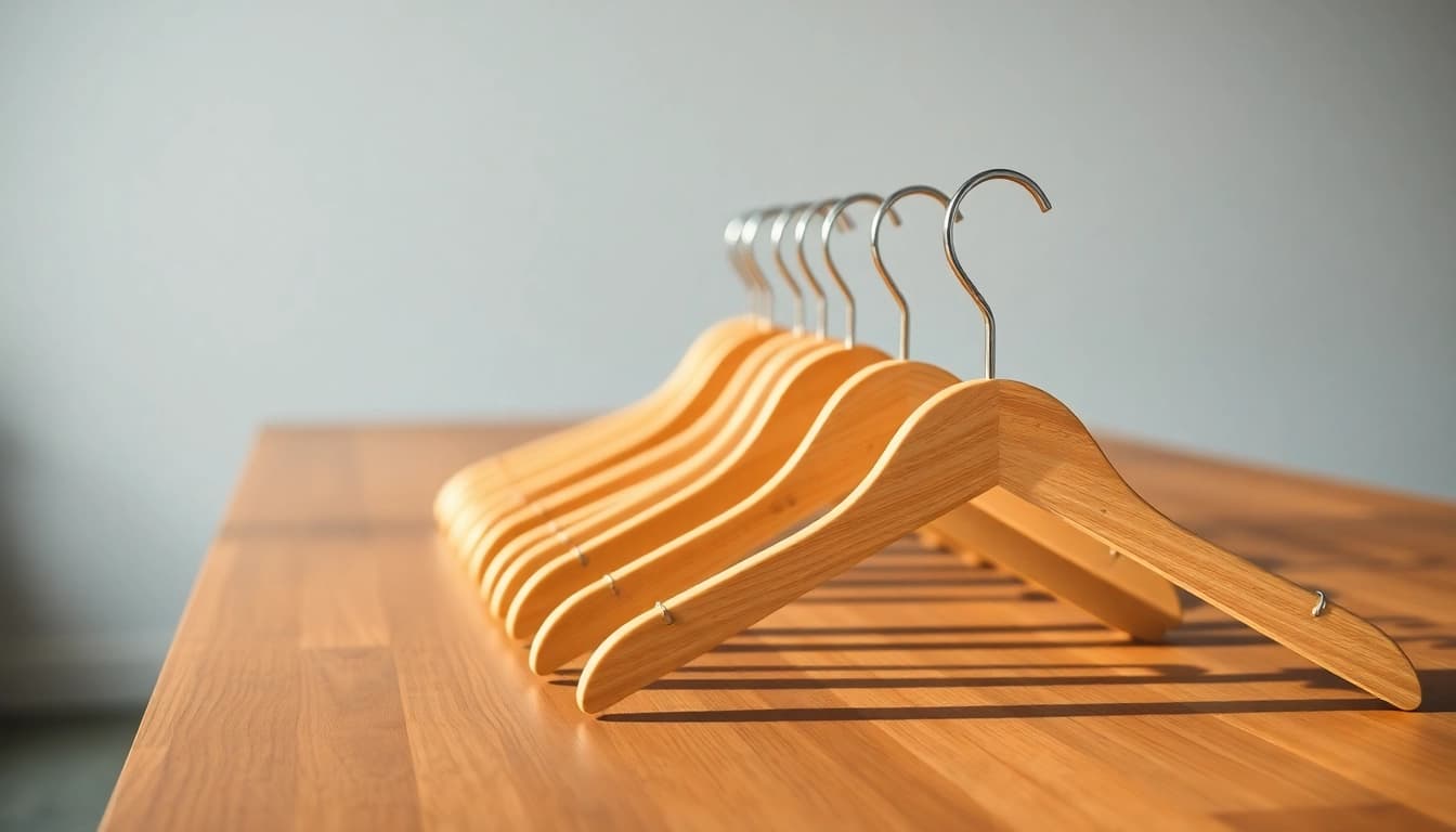 Qualitative Kleiderbügel Hersteller showcasing premium wooden hangers in a stylish arrangement.